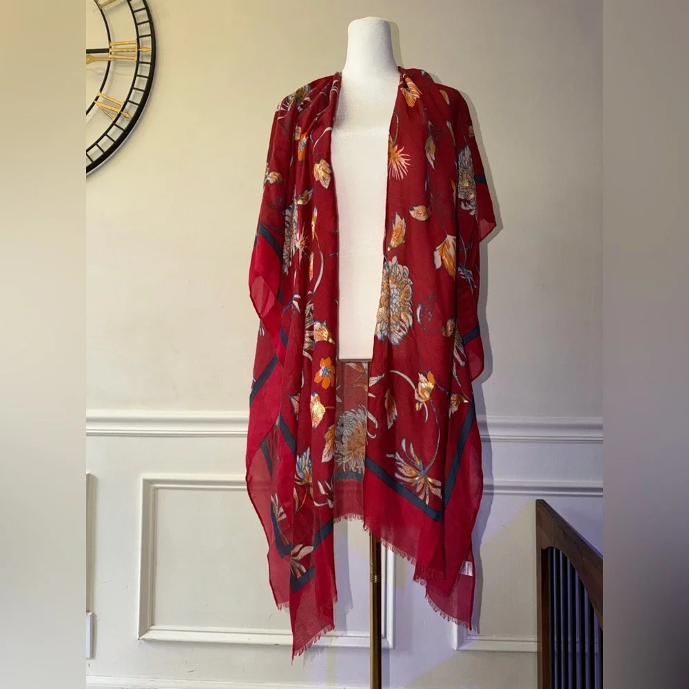 Woven ❤️ kimono cover up scarf top floral copper tones one size - Picture 2 of 7